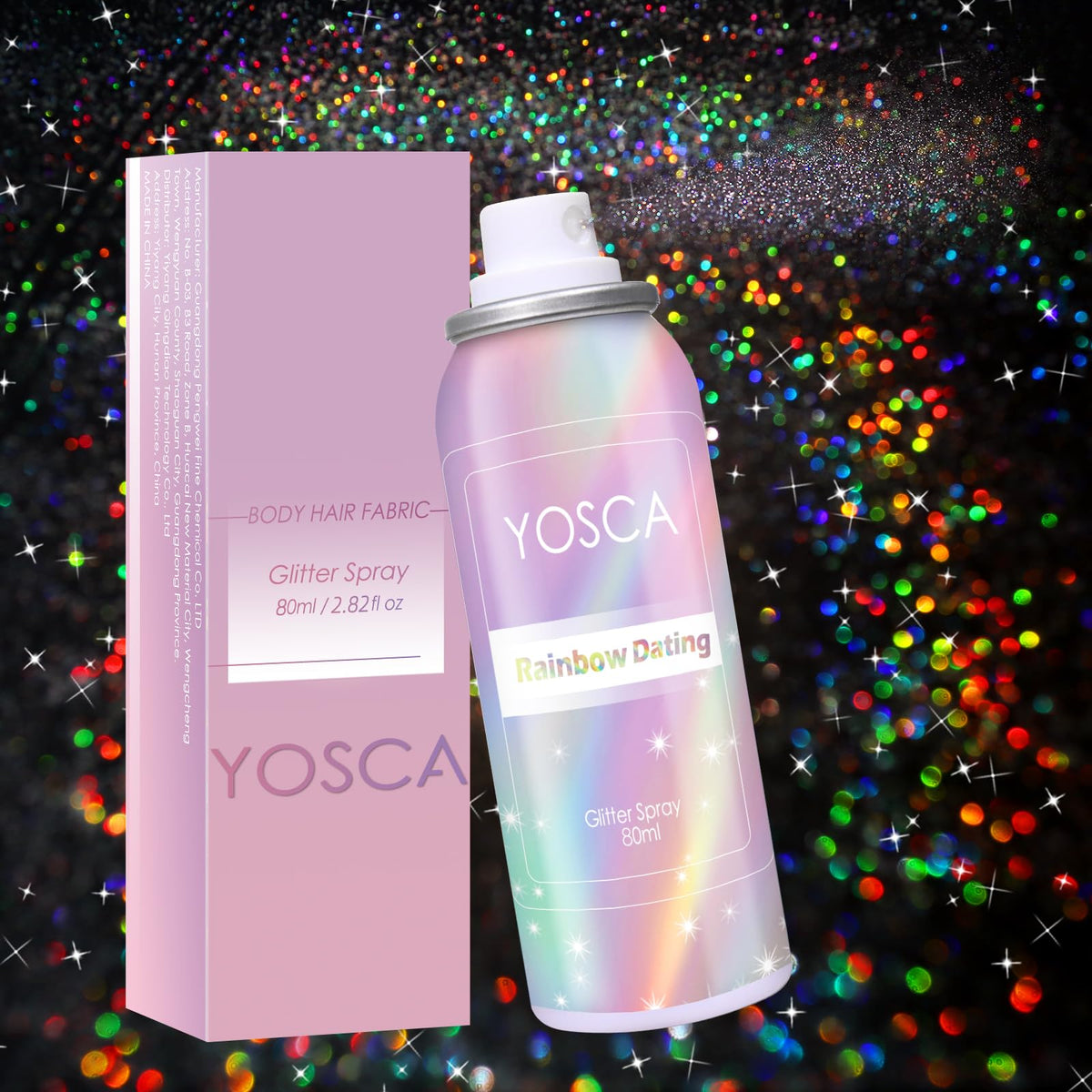 Yosca front packaging 80ml showing sleek bottle and quick-dry glitter benefit