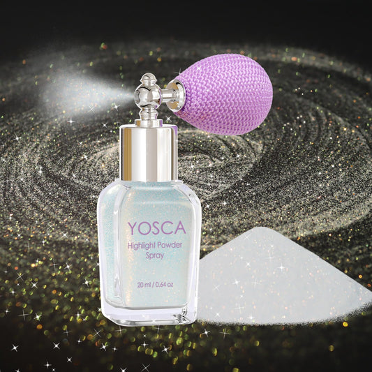 Yosca front glass-style bottle displaying elegant glitter packaging and instant glam
