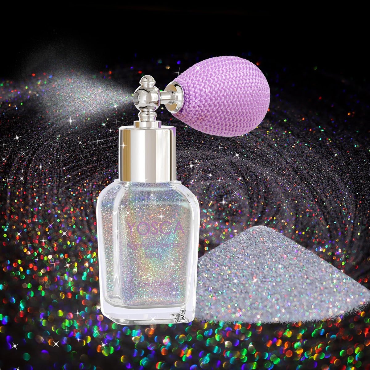 Yosca front packaging showing rainbow holographic bottle and clear label benefits