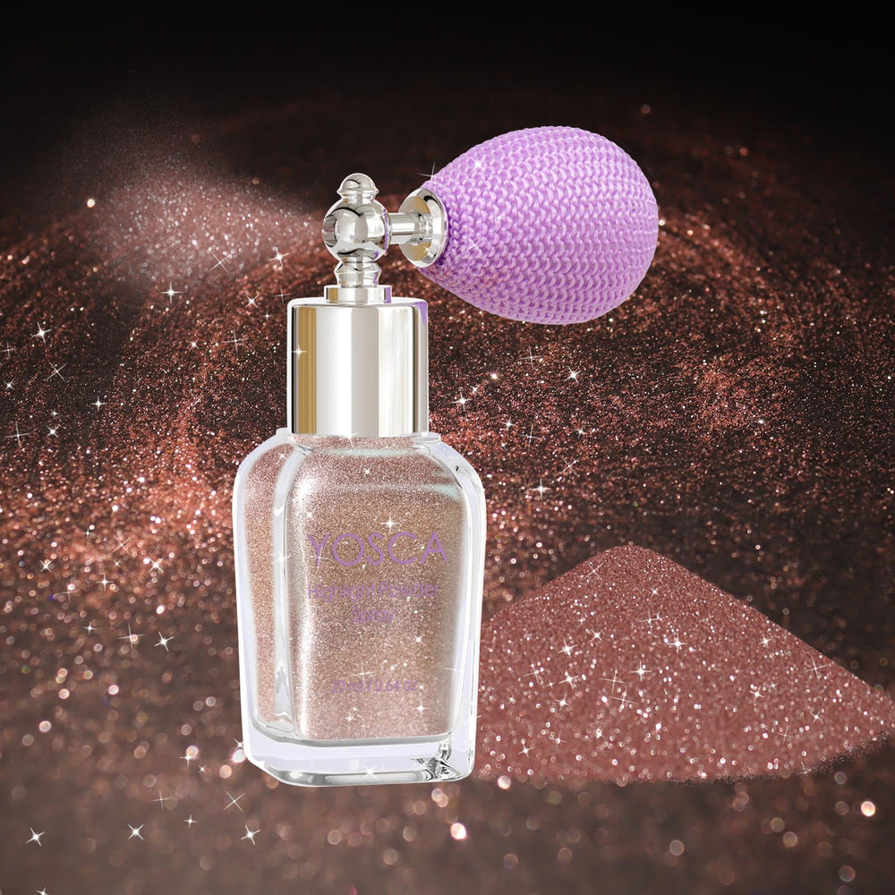 Yosca front packaging showing rose-pink glitter and premium bottle, boosts party-ready shine
