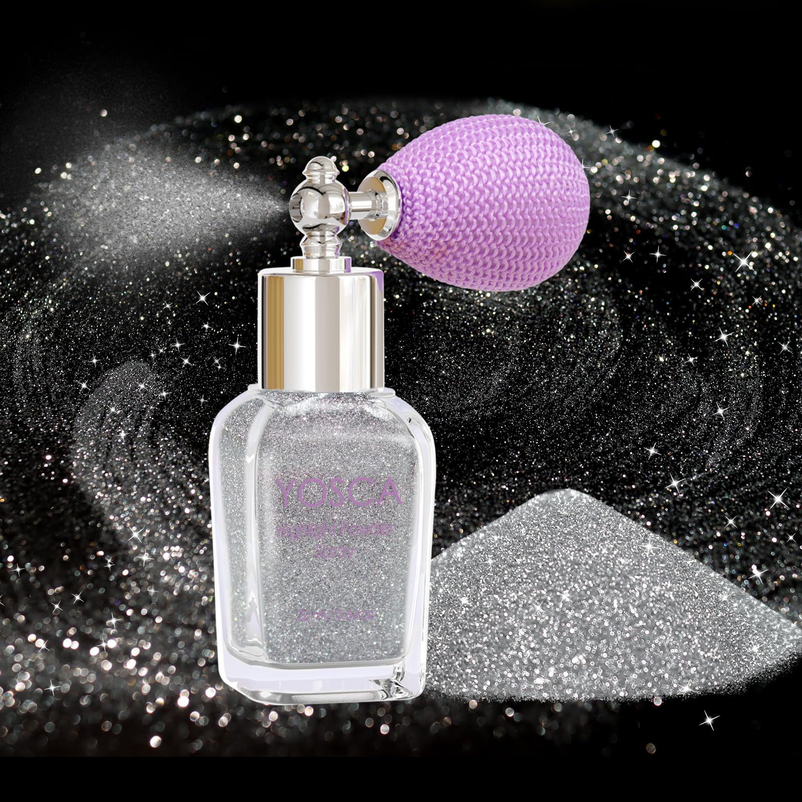 Yosca front packaging displaying silver glitter spray, highlights portability and sparkle