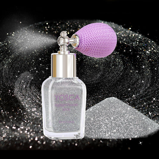 Yosca front packaging displaying silver glitter spray, highlights portability and sparkle