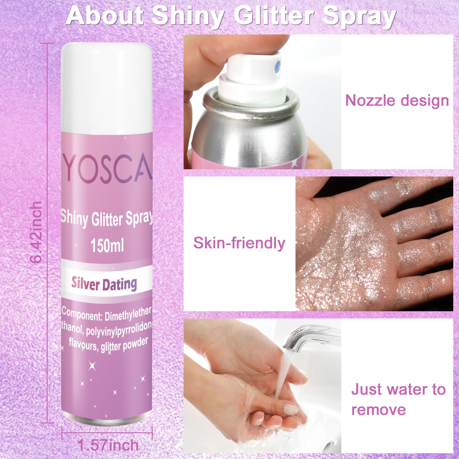 Yosca spray in use on hair adding instant silver sparkle and stage-ready shine