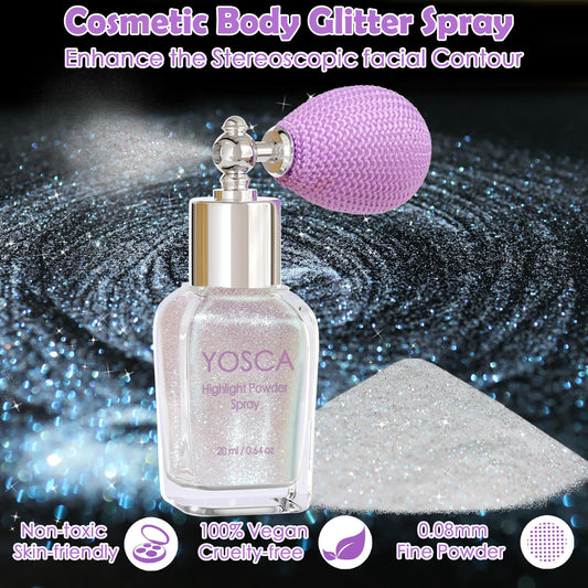 Yosca spray mist closeup dispersing fine glitter for even reflective coverage