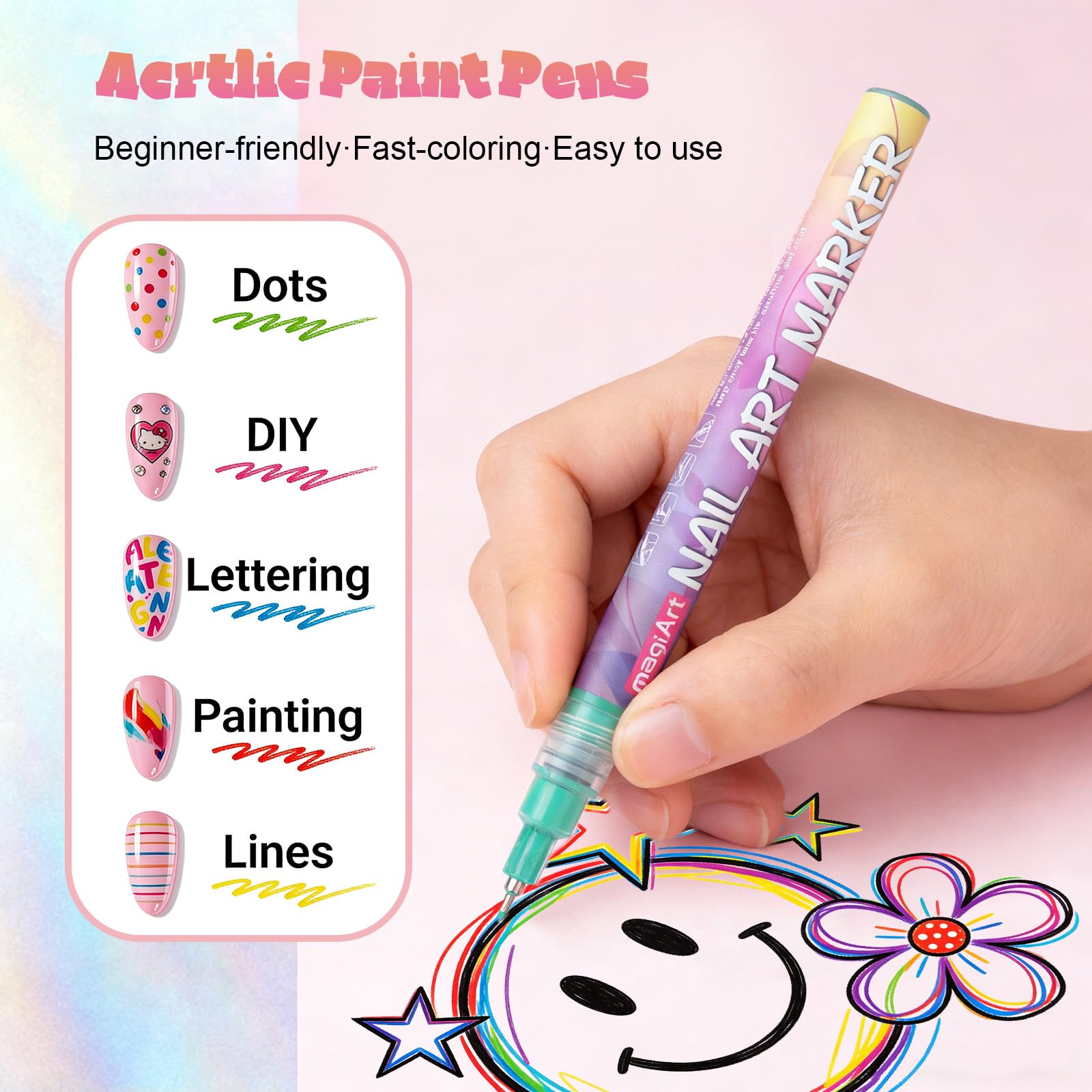 YOUKOYI pen drawing floral detail on a nail, enabling intricate nail art