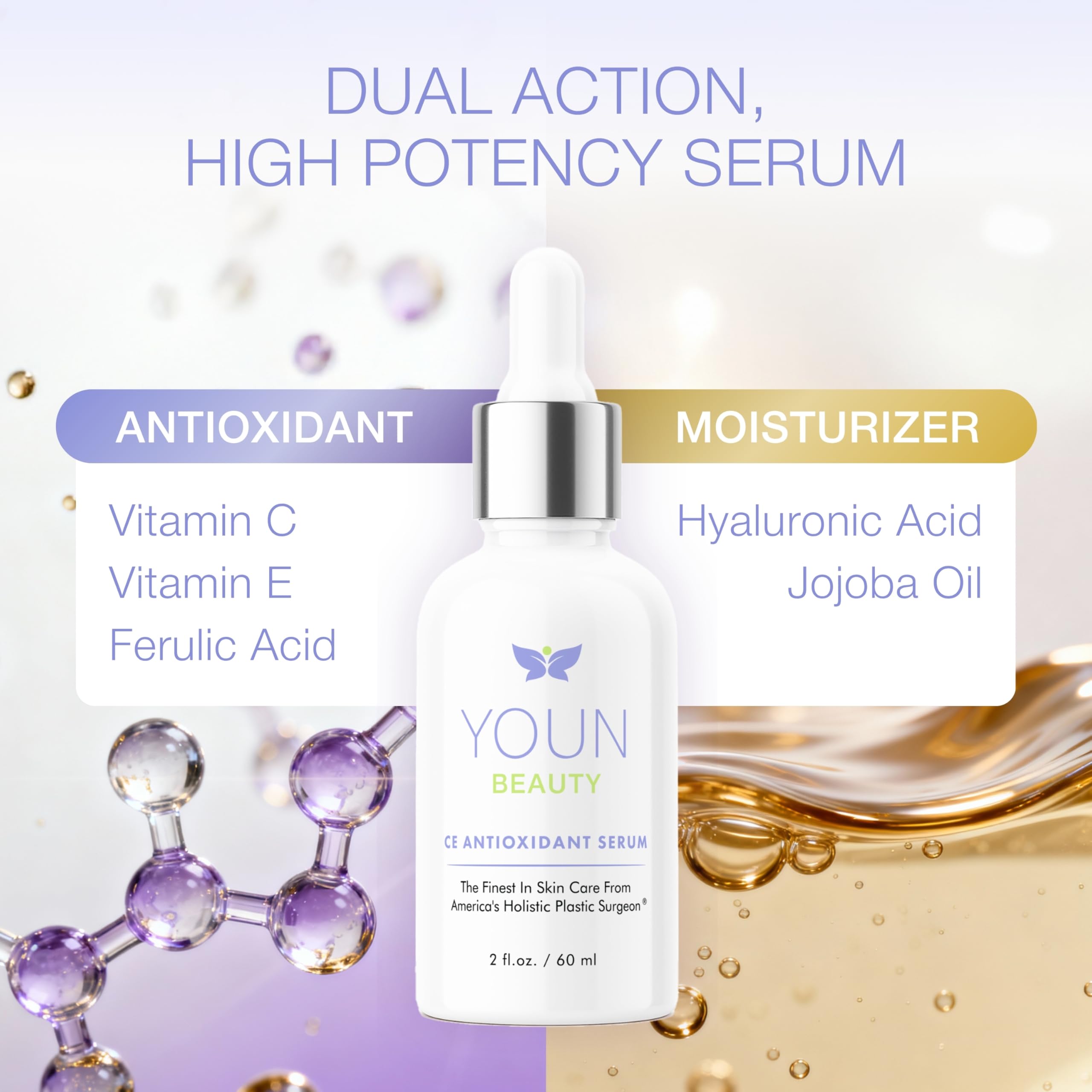 YOUN Beauty pump dispense closeup delivering controlled antioxidant dose