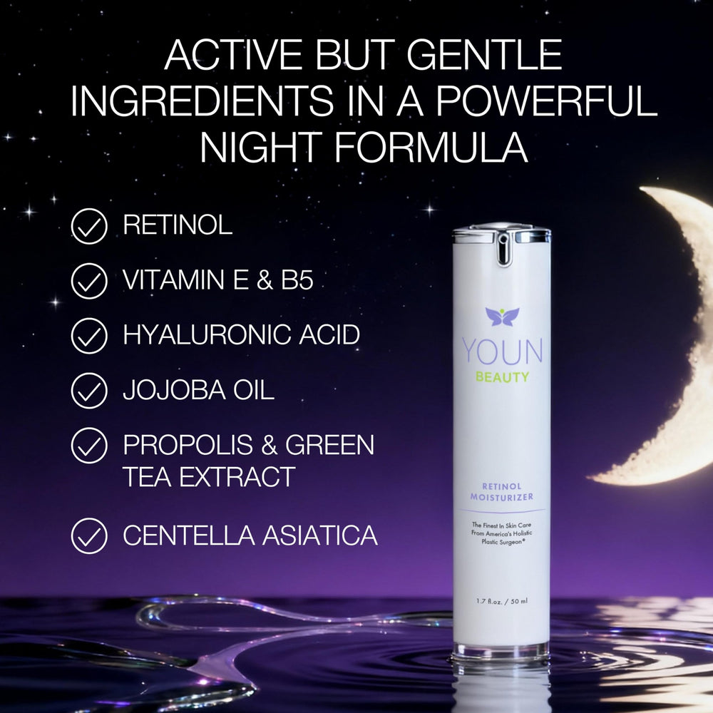 YOUN Beauty ingredient label highlighting retinol, hyaluronic acid, and vitamins