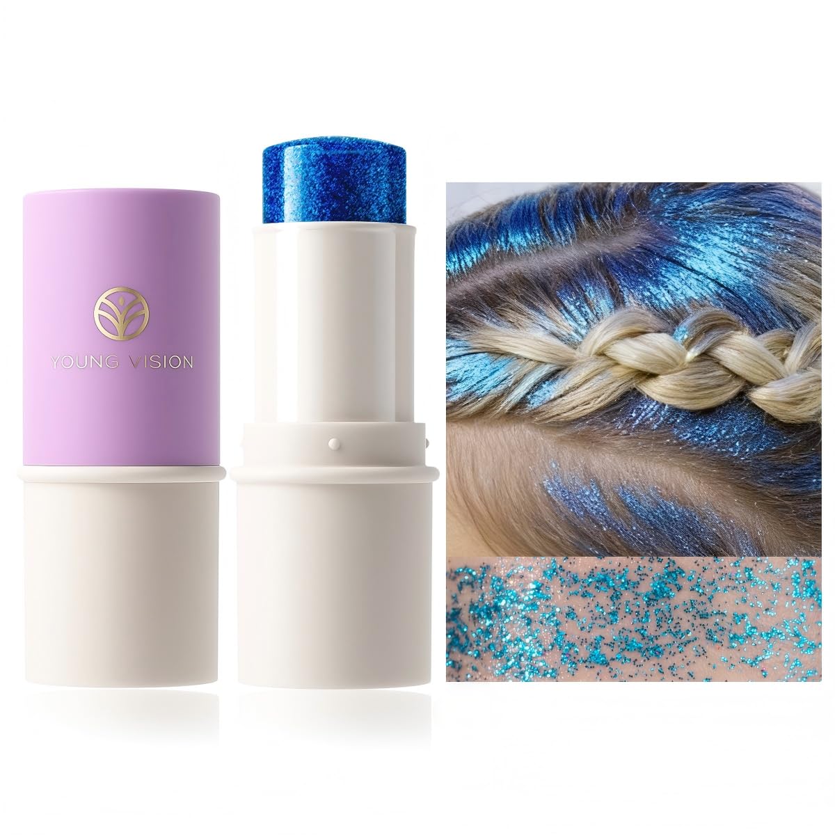 YOUNG VISION front packaging showing ocean blue glitter stick benefit portability