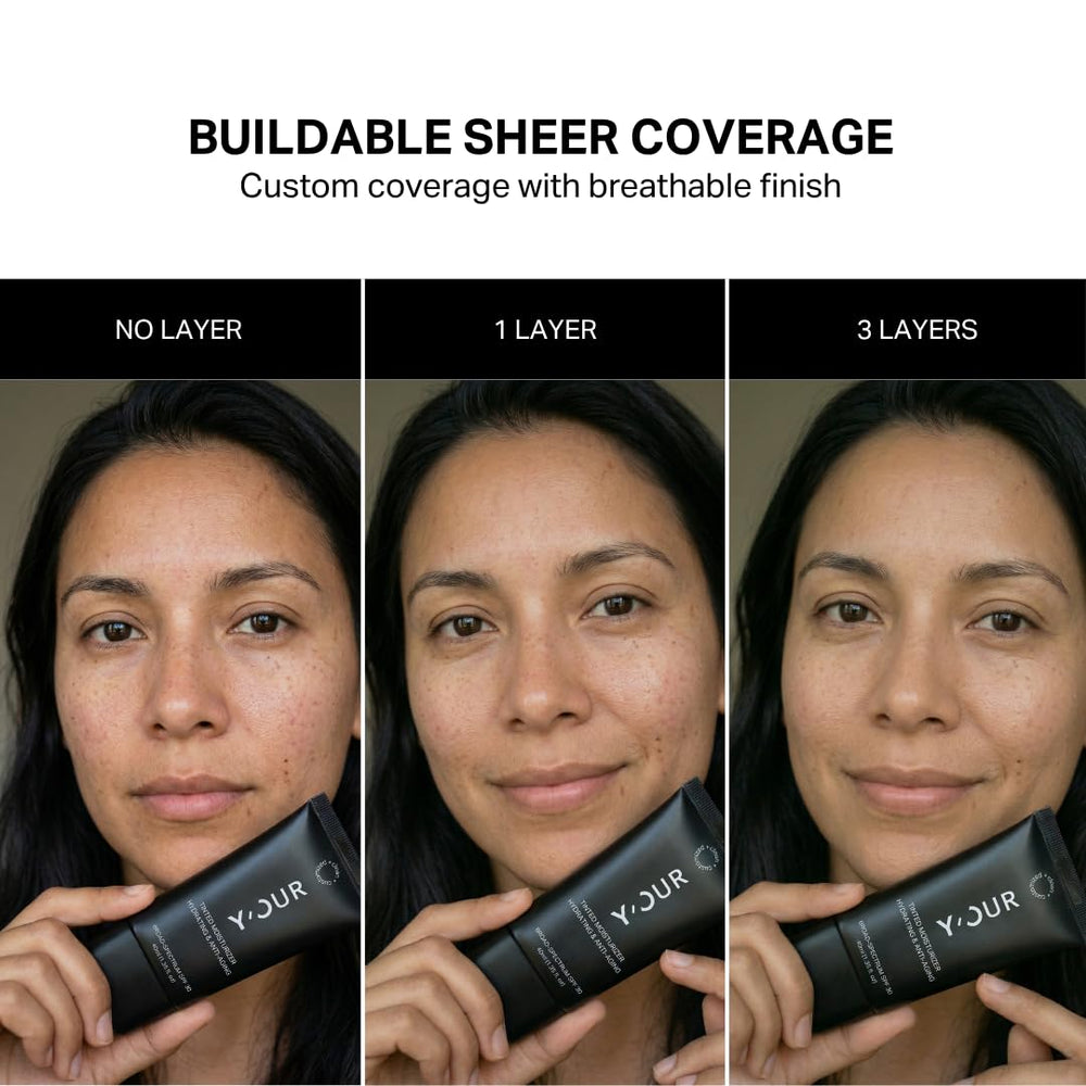 Y'OUR swatch on arm illustrating sheer buildable coverage benefit