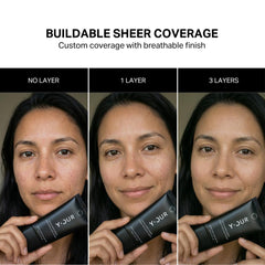 Y'OUR swatch on arm illustrating sheer buildable coverage benefit