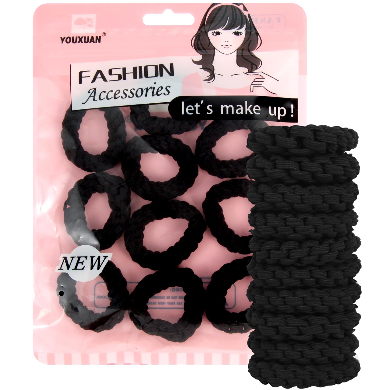 YOUXUAN front view of 10-pack black hair ties showing compact packaging and value