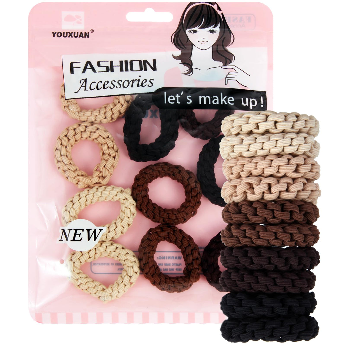 YOUXUAN front view of 10-pack hair ties showing colors and packaging benefit secure storage