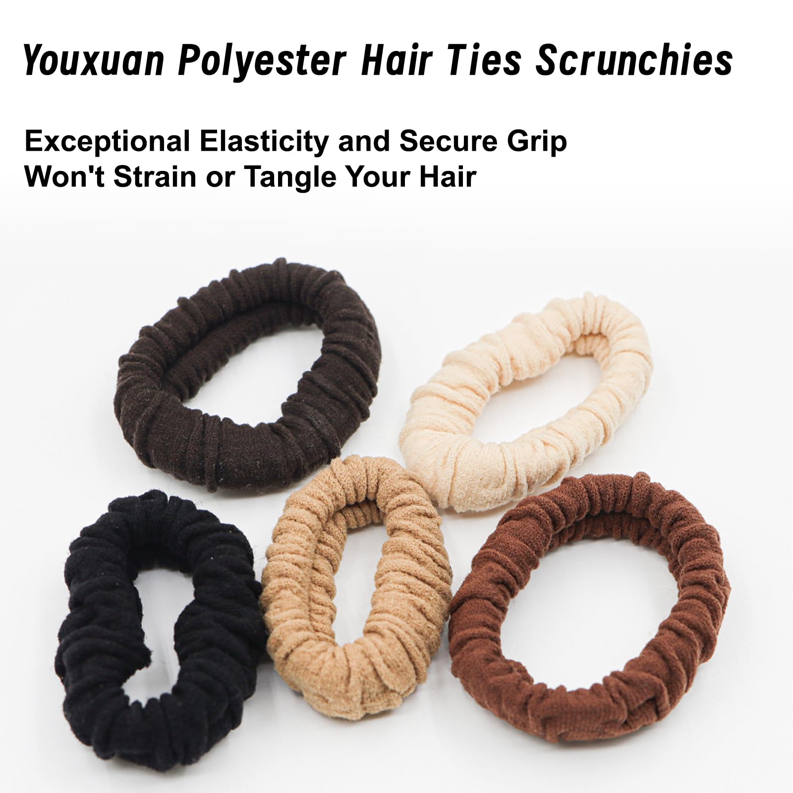YOUXUAN scrunchies flatlay displaying five neutral shades for easy outfit matching