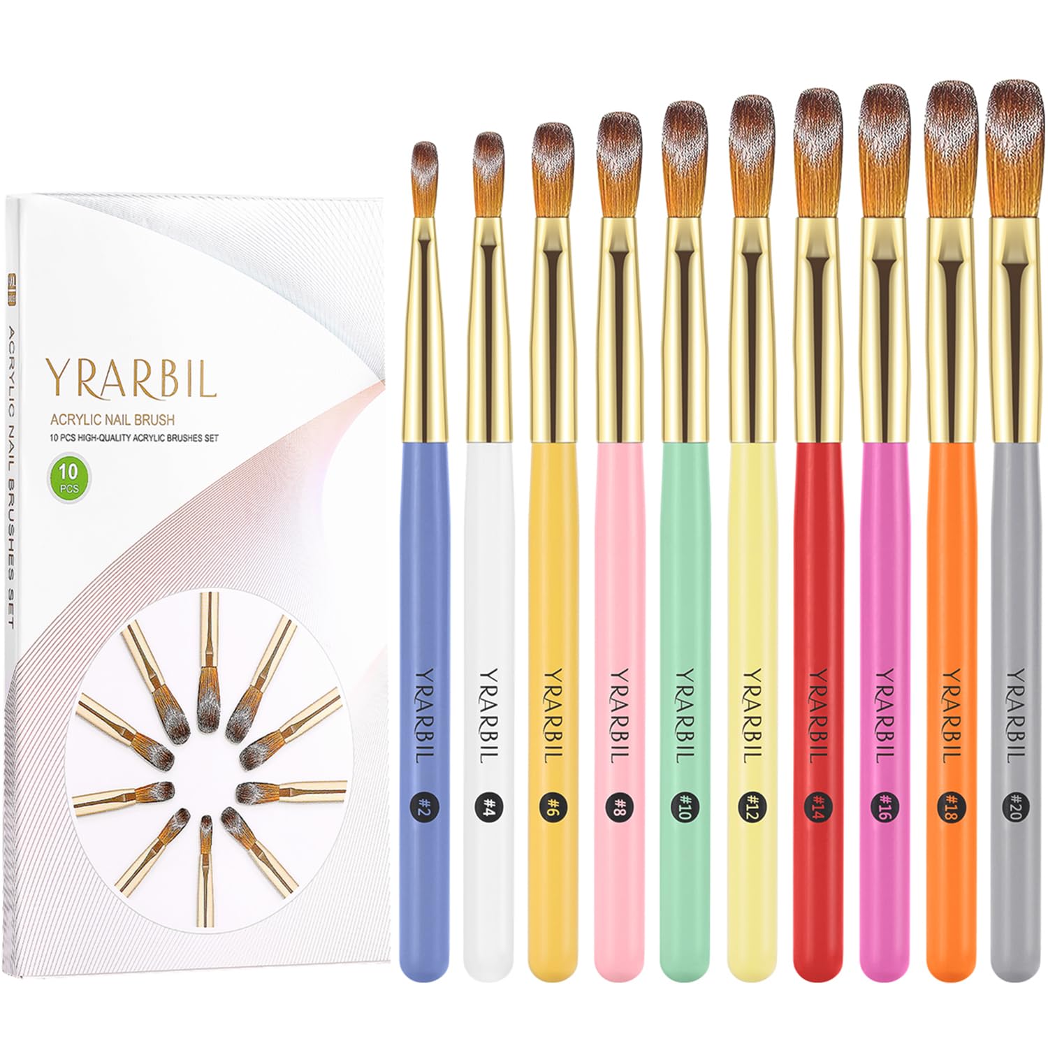 Yrarbil front packaging showing full 10-piece brush set and sizes, fast selection benefit