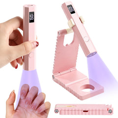 YSC handheld UV light front with stand showing compact stability and fast cure