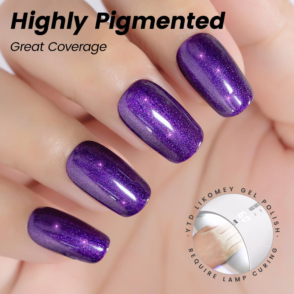 YTD Likomey nail swatch on hand illustrating deep purple glossy finish