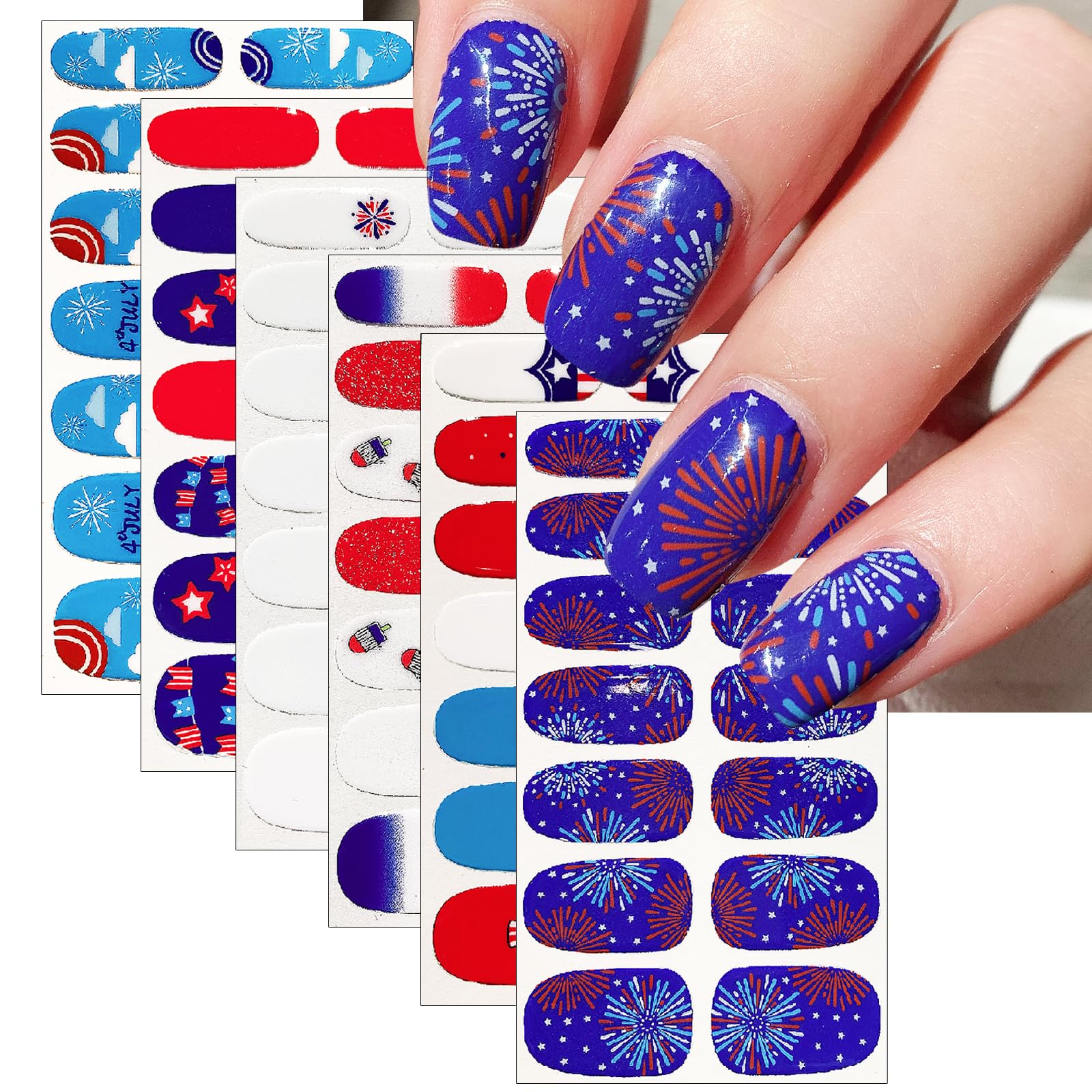 YUEJIMEIGUI front packaging showing six patriotic nail wrap sheets and kit benefits
