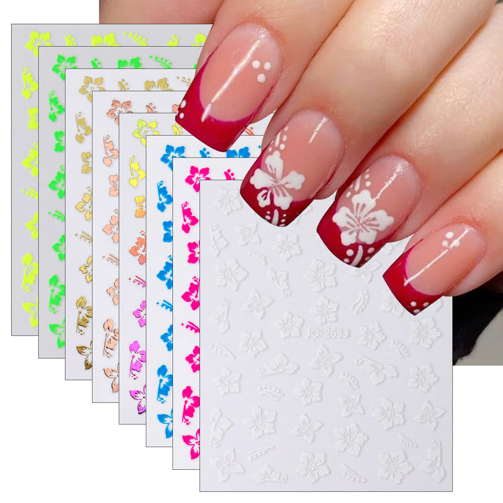 YUEJIMEIGUI front packaging showing 8 floral nail sticker sheets and set variety benefit