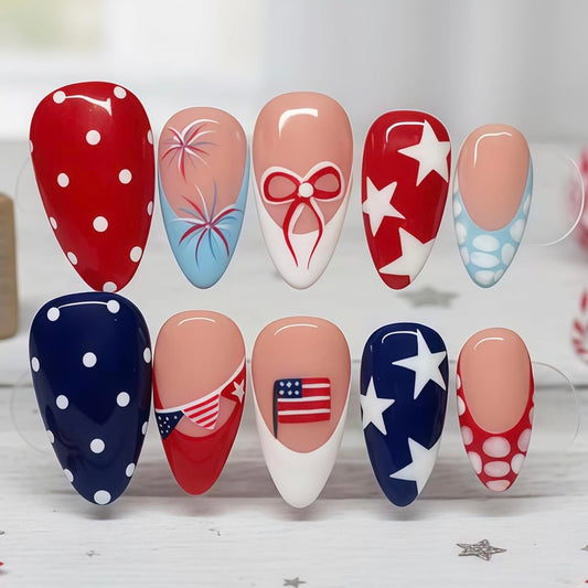 YUEJIMEIGUI front packaging showing 24-piece Independence Day nail kit for convenience