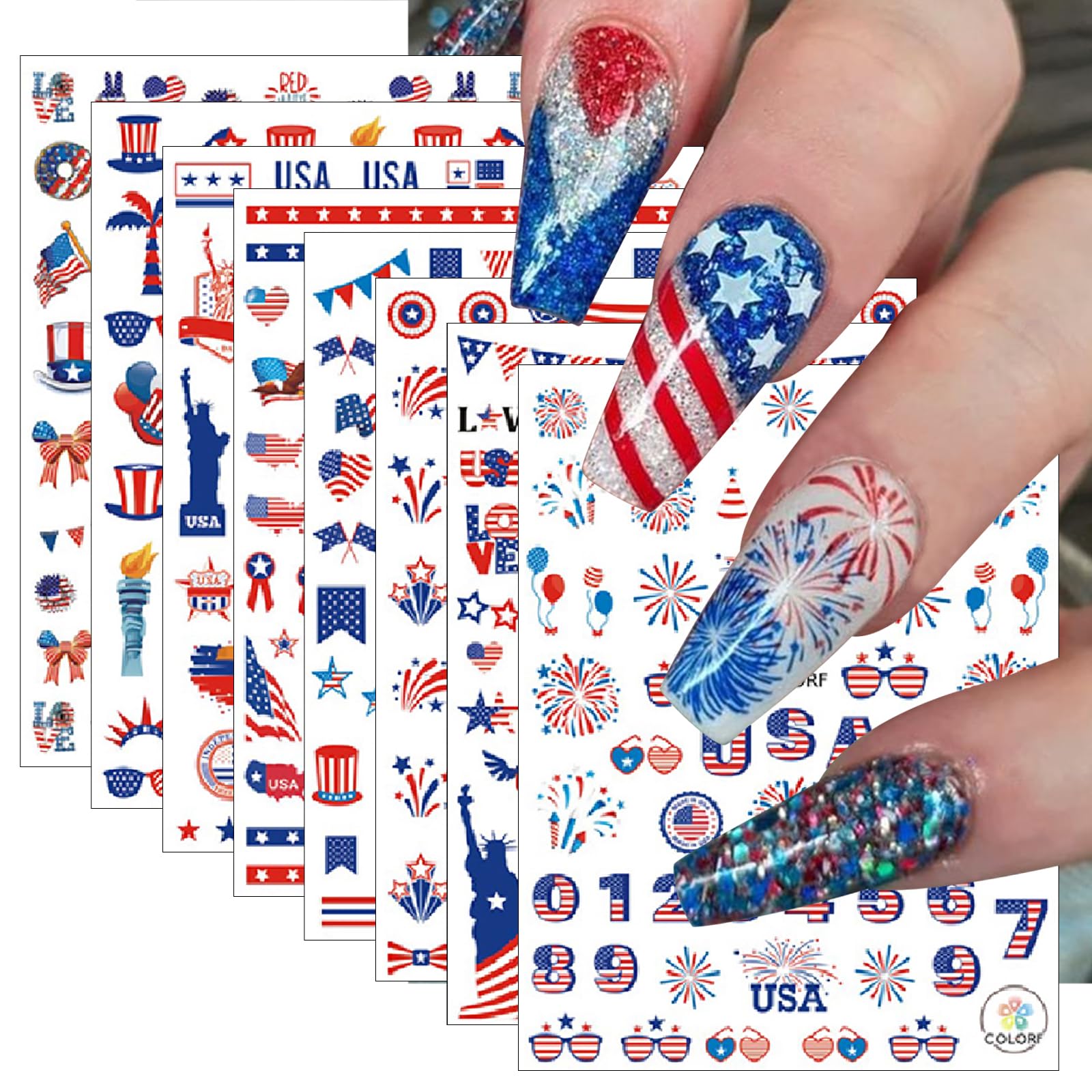 YUEJIMEIGUI front view of eight patriotic sticker sheets showing selection and variety