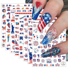 YUEJIMEIGUI front view of eight patriotic sticker sheets showing selection and variety