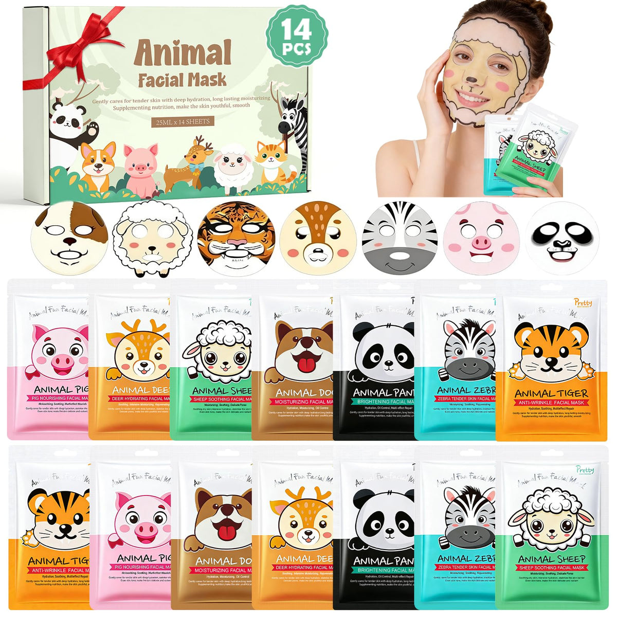 YUEONEWIN front packaging showing 14-sheet animal mask set and gifting appeal
