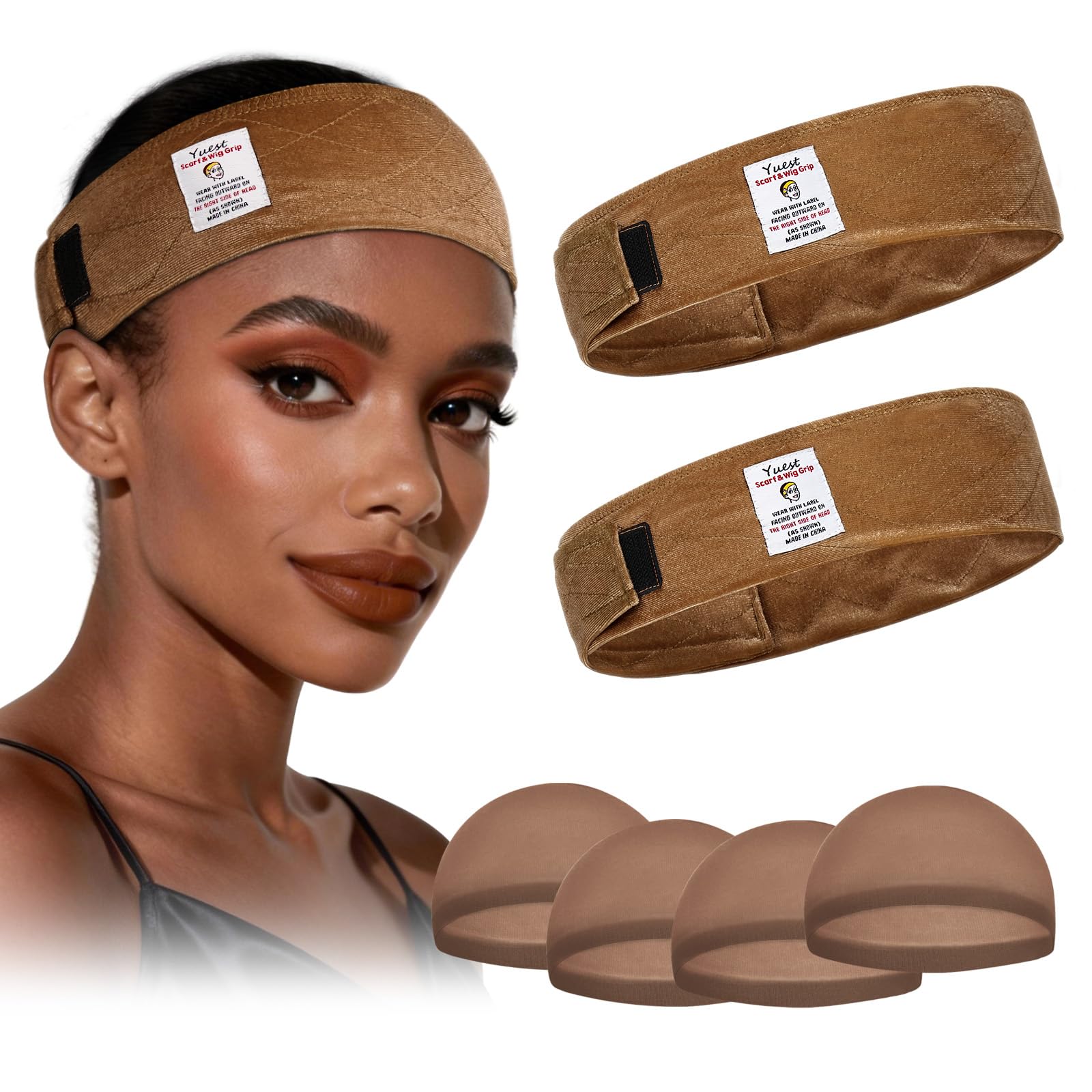 Two Yuest bands and four wig caps laid flat displaying included items