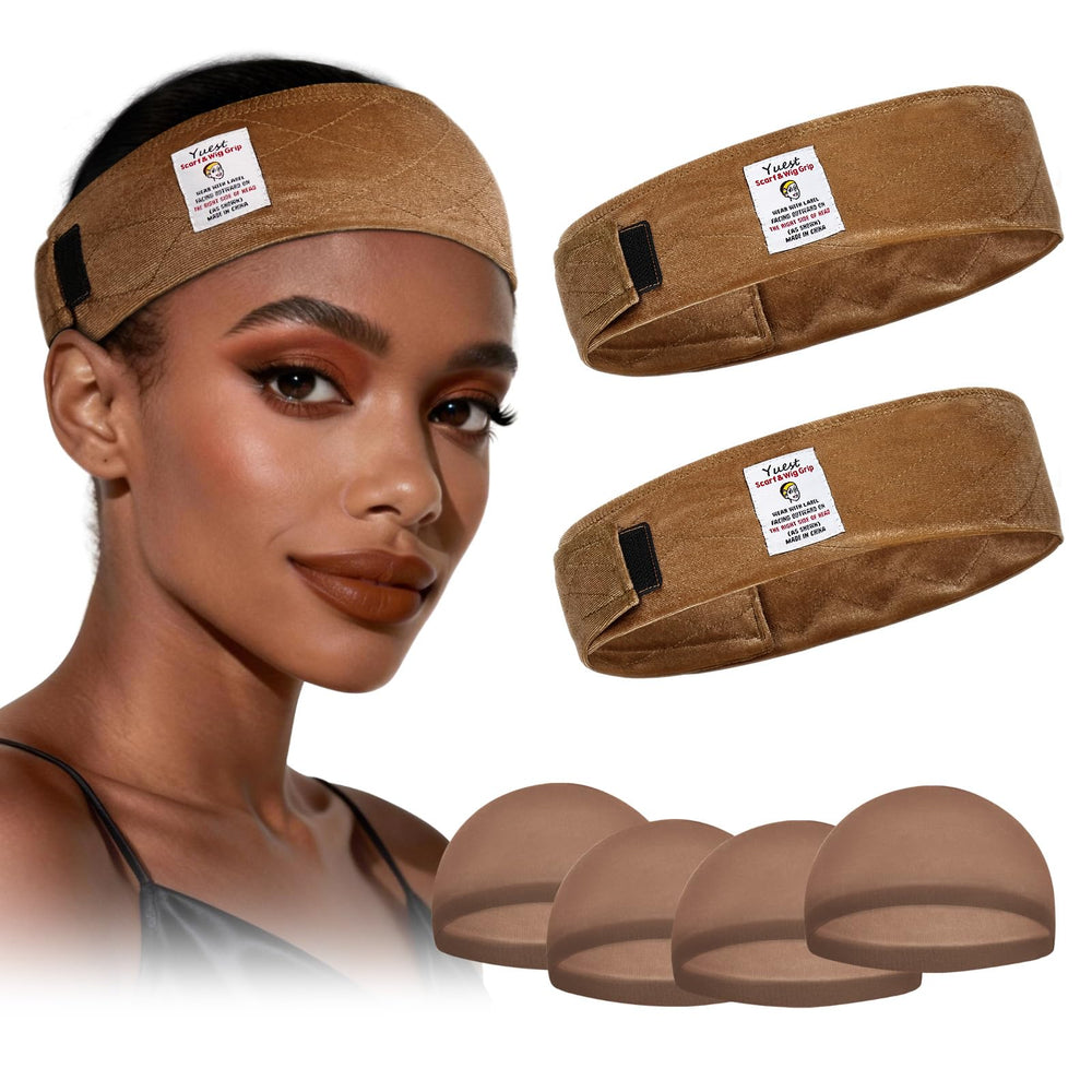 Two Yuest bands and four wig caps laid flat displaying included items
