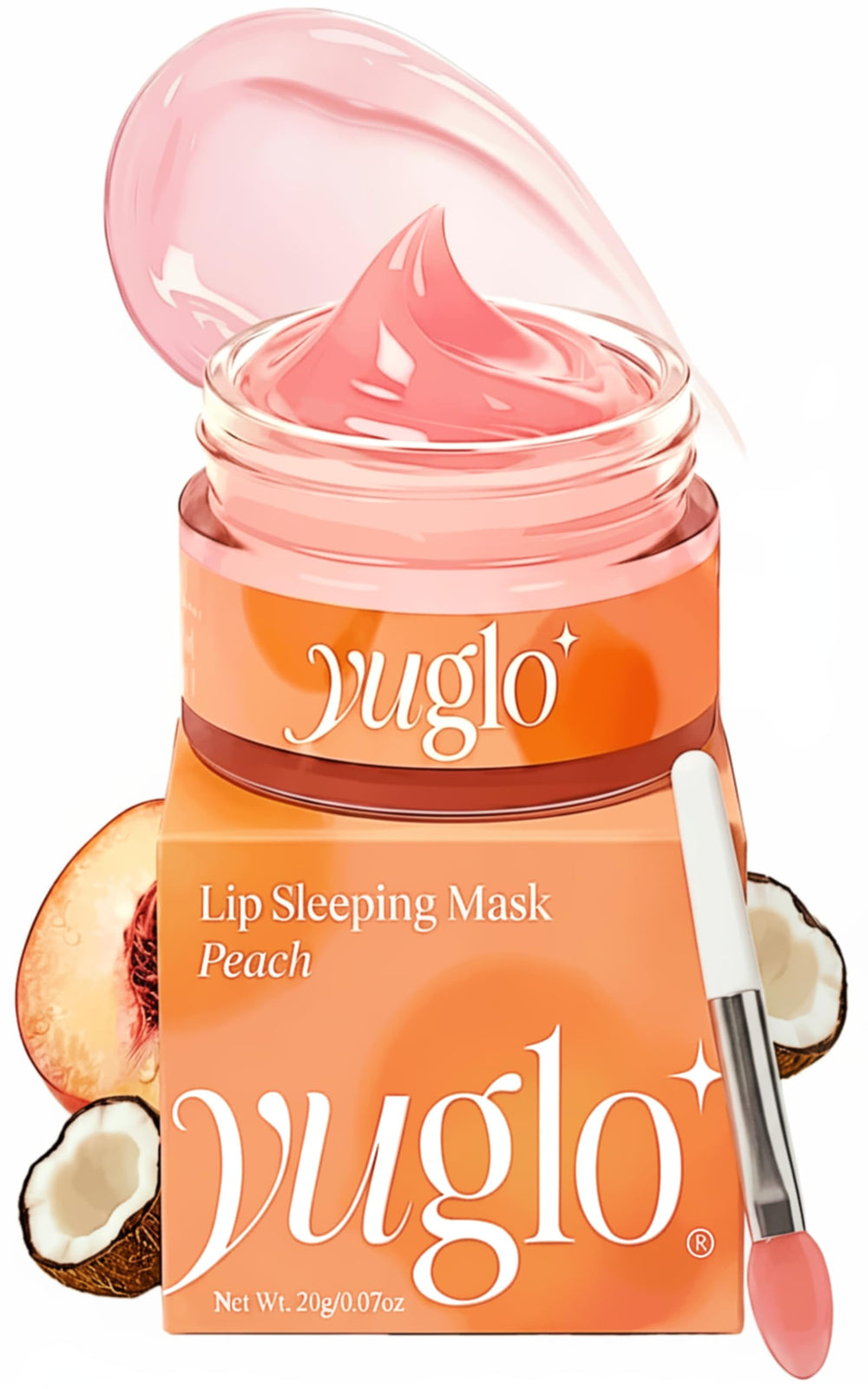 YuGlo jar front view showing label and peach theme for clear product ID and appeal