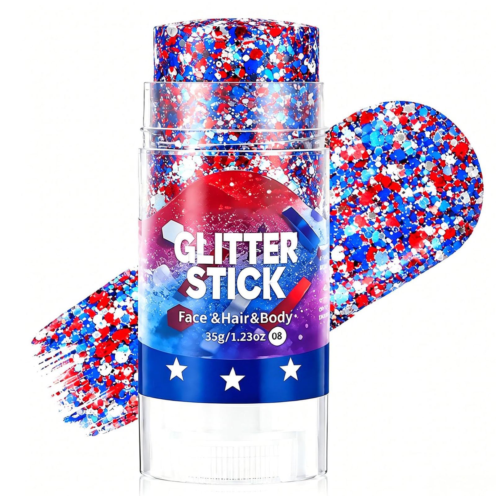 Yulight glitter stick front packaging showing patriotic colors and travel-ready design