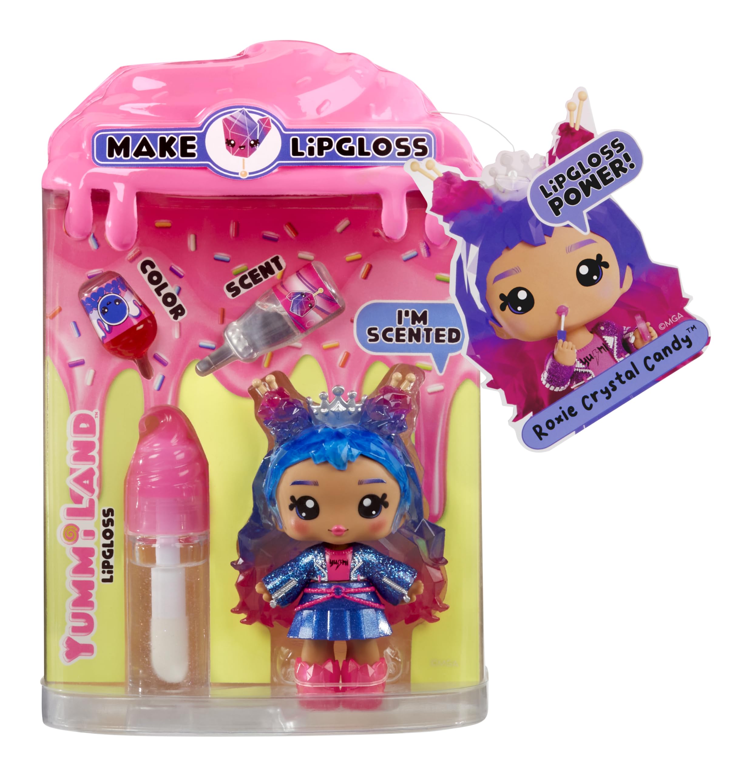 Yummiland Roxie front packaging showing included DIY lip gloss kit and doll benefits portability