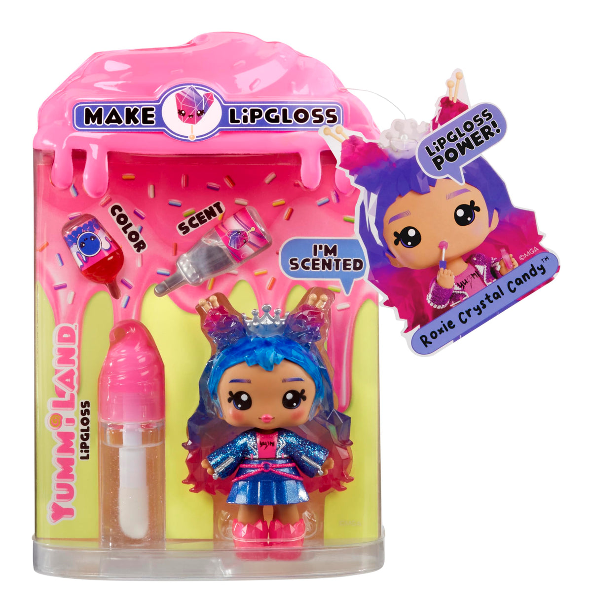 Yummiland Roxie front packaging showing included DIY lip gloss kit and doll benefits portability