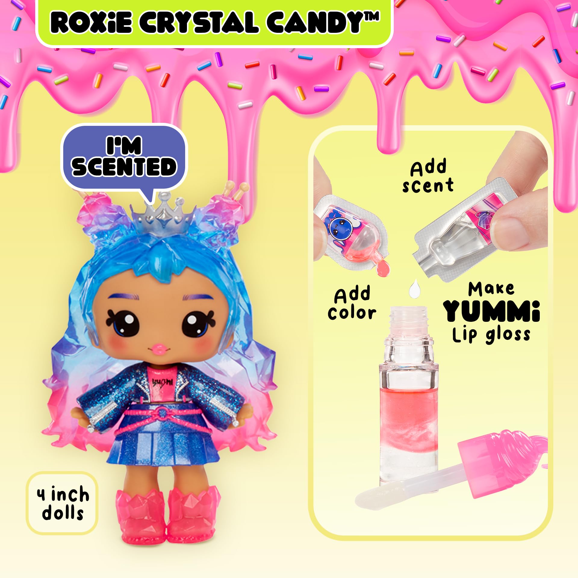 Yummiland Roxie held in hand for size comparison showing 4-inch scale and child-friendly design