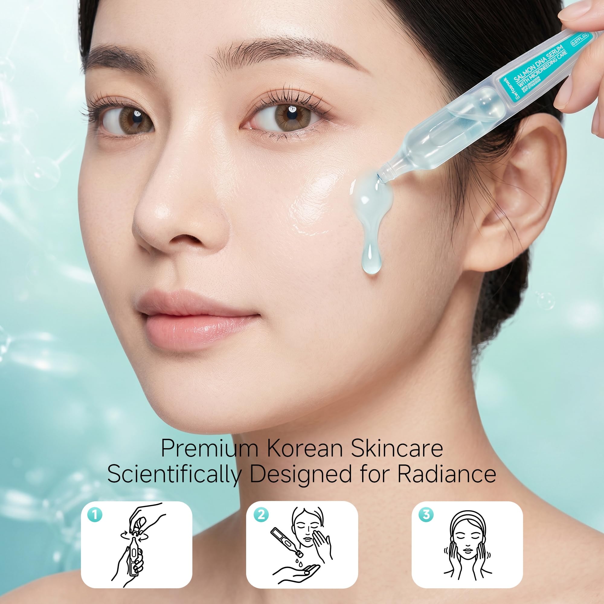 YUOJUNES ampoules on bathroom shelf supporting daily anti-aging routine