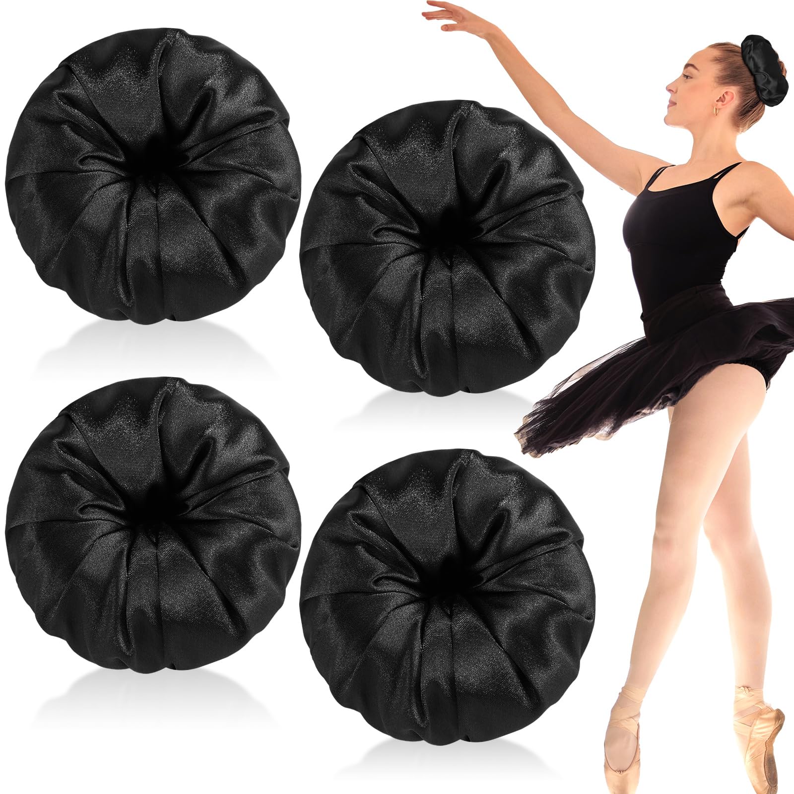 Yuxung front view of four black satin bun donuts, neat compact storage benefit