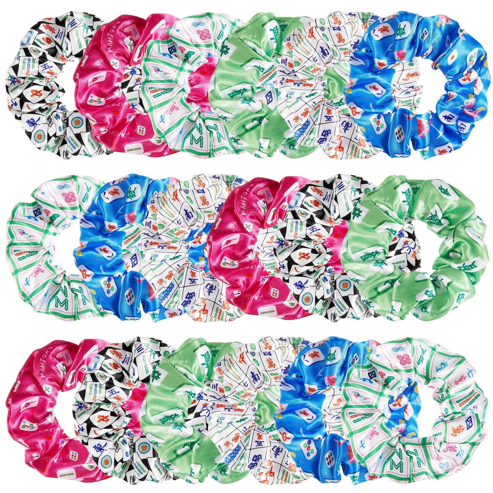 Yuxung front view of 18-piece scrunchies set showing colorful mahjong patterns and gift-ready appeal