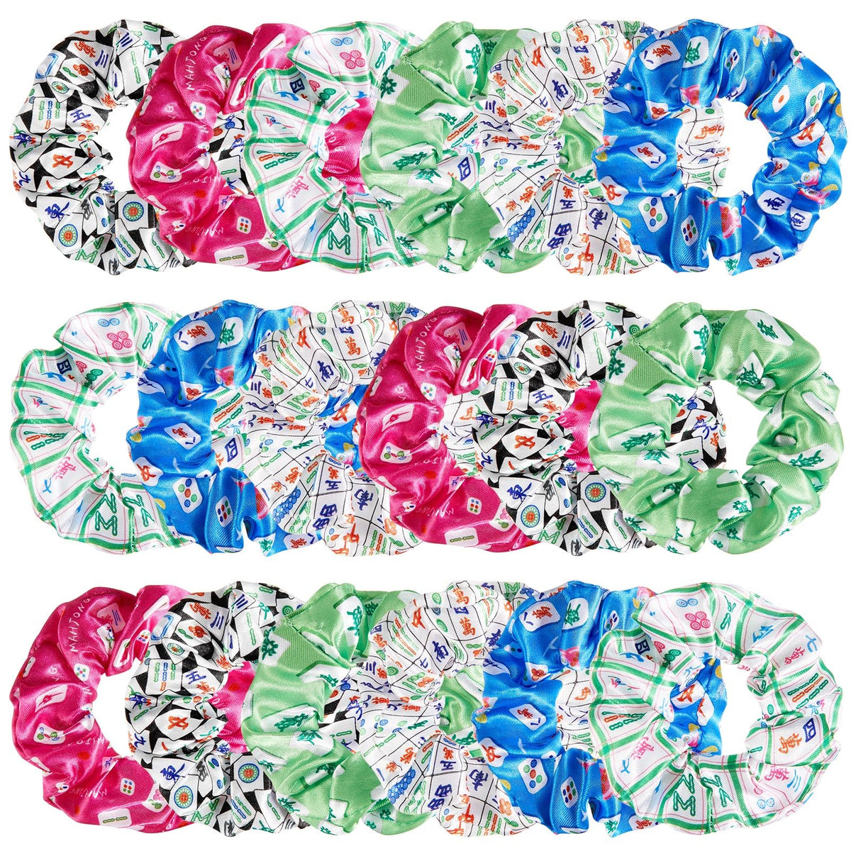 Yuxung front view of 18-piece scrunchies set showing colorful mahjong patterns and gift-ready appeal