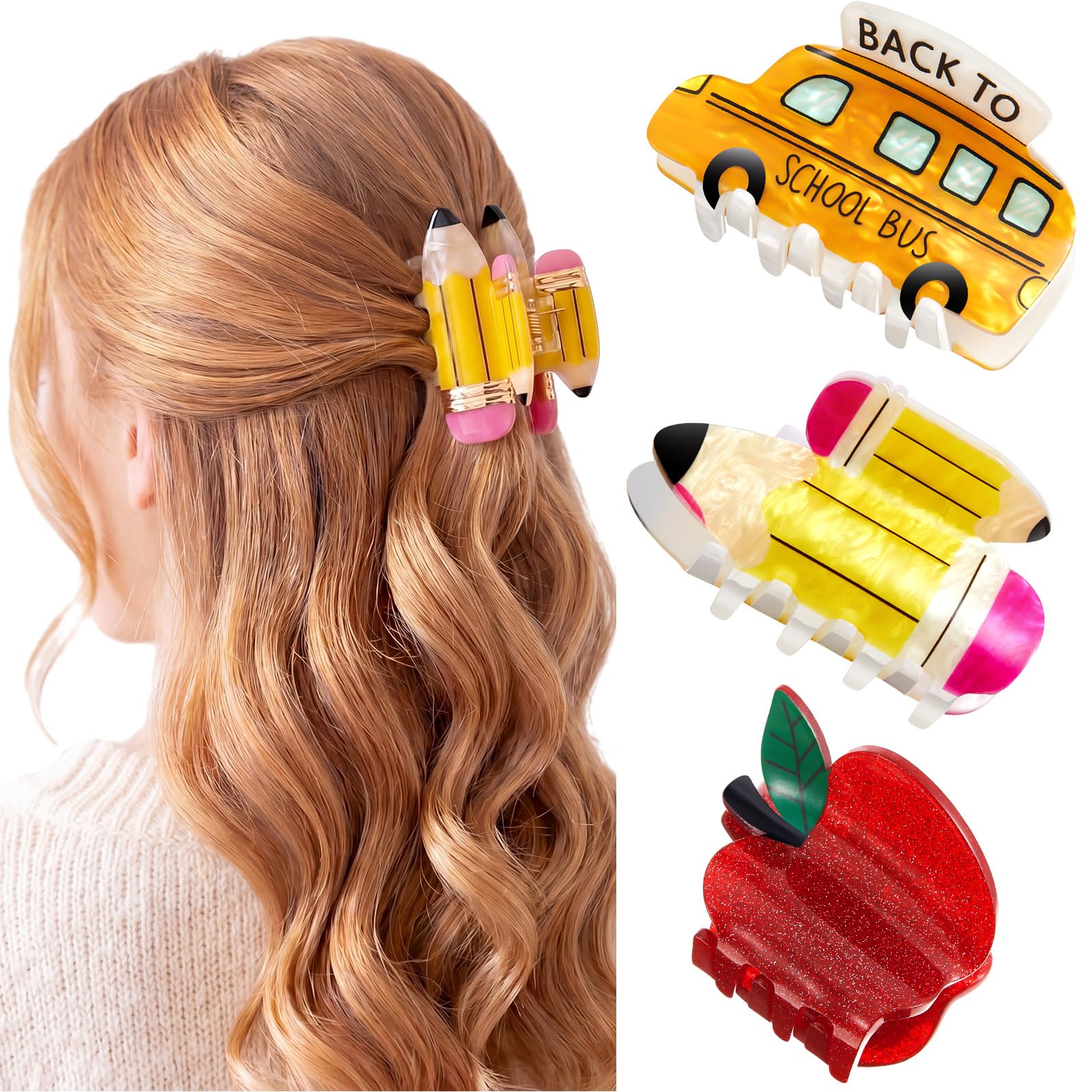 Yuxung front view of three teacher clips showing colorful pencil bus apple designs and durable grip