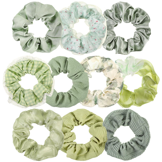 Yuxung front view of ten sage green scrunchies showing variety and coordinated set benefit