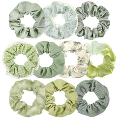 Yuxung front view of ten sage green scrunchies showing variety and coordinated set benefit