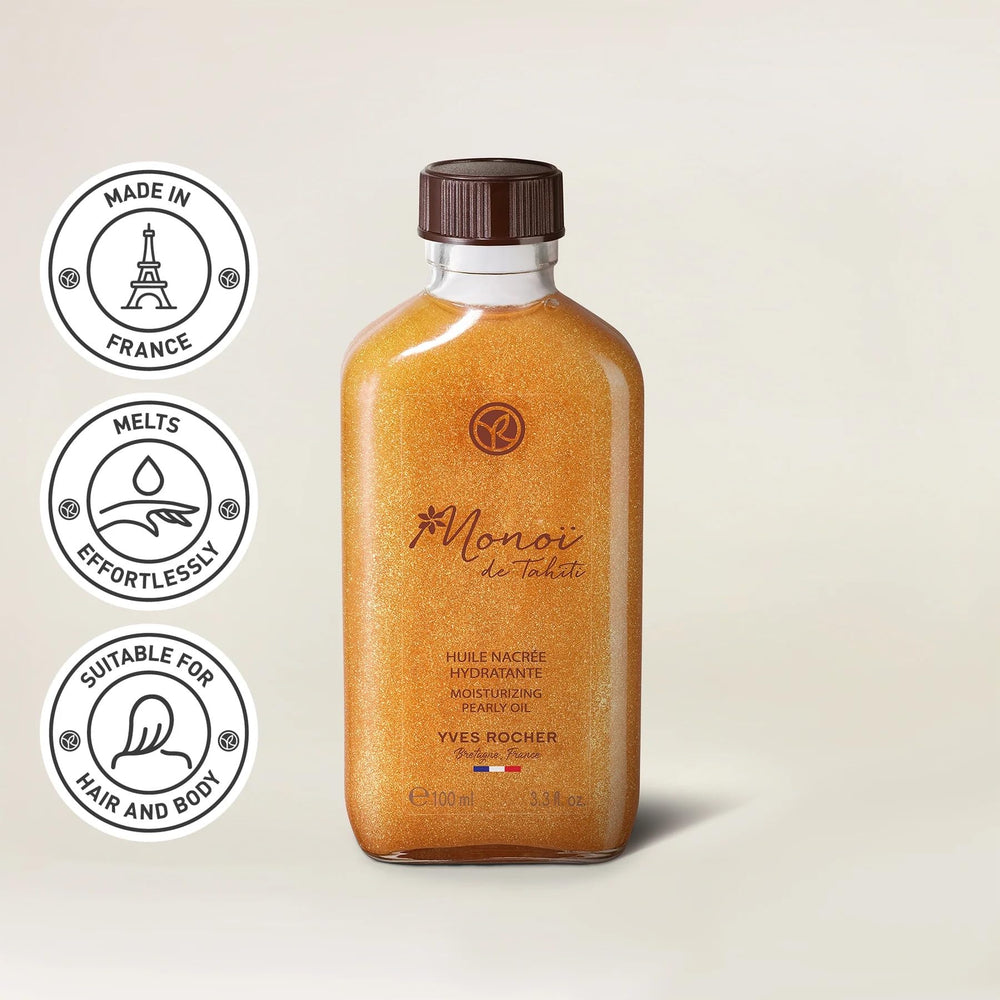 Yves Rocher label detail on bottle showing ingredient callouts benefit: authentic Monoï