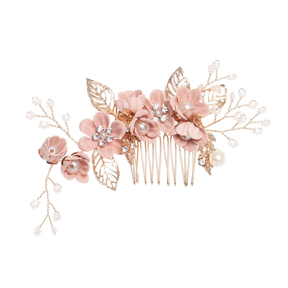 YZWDTGS front view of pink bridal hair comb showing flowers and pearls for elegant styling