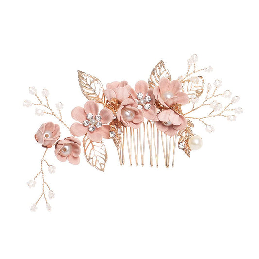 YZWDTGS front view of pink bridal hair comb showing flowers and pearls for elegant styling
