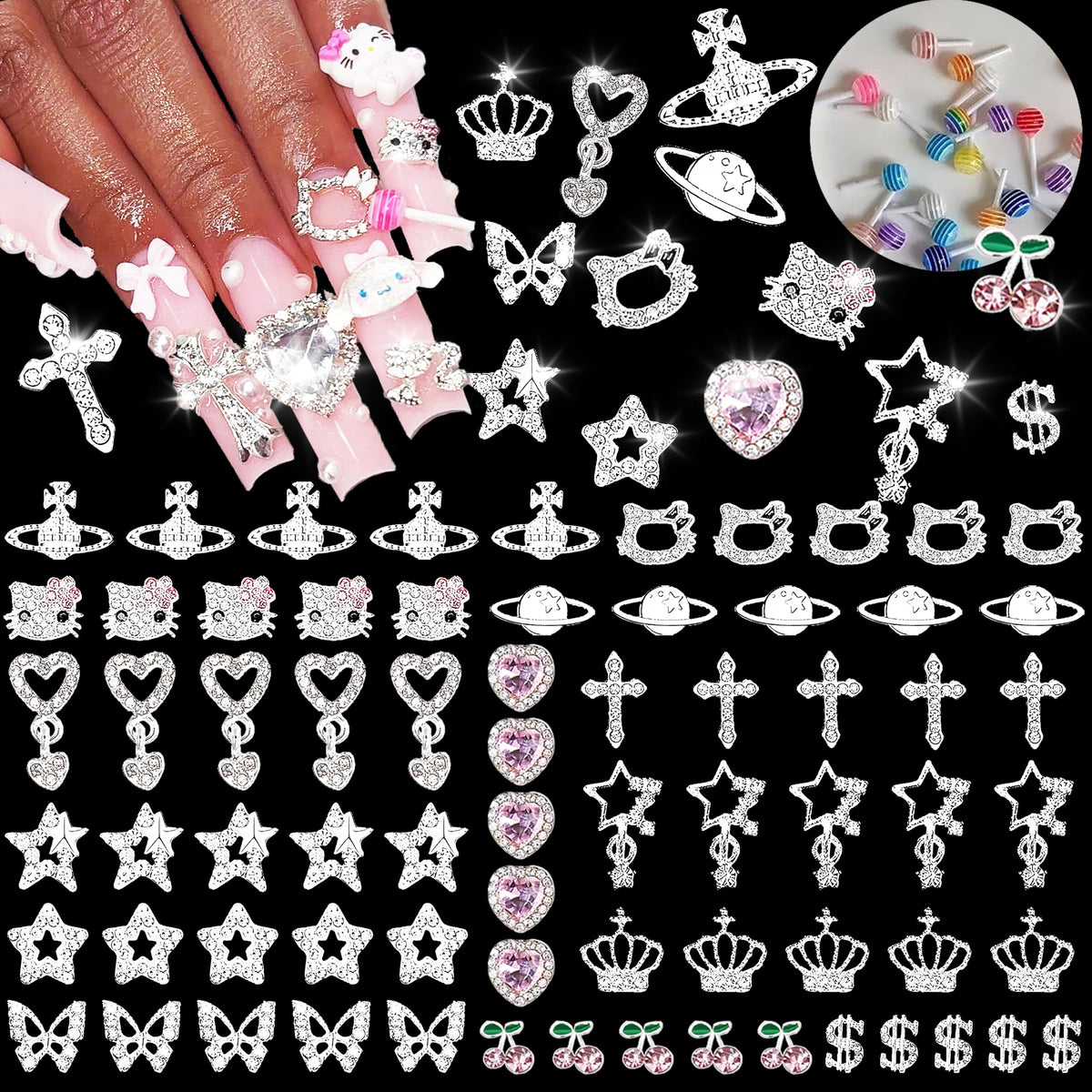 ZAKCBEAUR front packaging displaying 80 silver and pink nail charms for varied designs