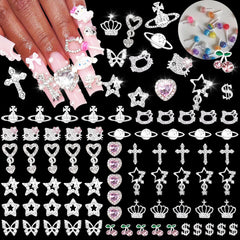 ZAKCBEAUR front packaging displaying 80 silver and pink nail charms for varied designs