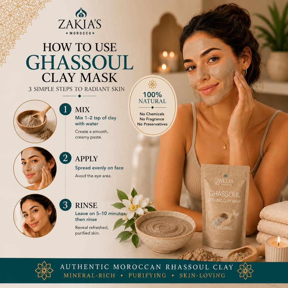Zakia's Morocco clay mask on model's cheek, evens skin texture and refines pores