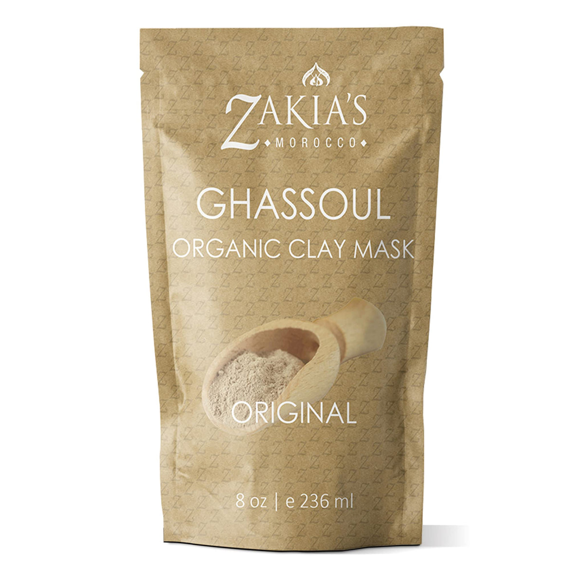 Zakia's Morocco front pouch displaying organic ghassoul clay, clear branding and contents