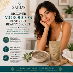 Zakia's Morocco ghassoul clay applied to hair roots, clarifies scalp without stripping oils