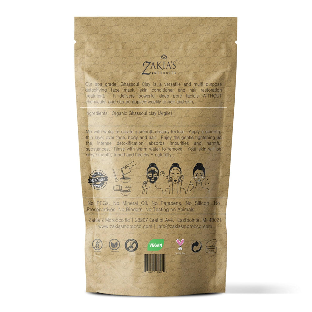 Zakia's Morocco fine powdered ghassoul clay close-up showing texture and purity benefit