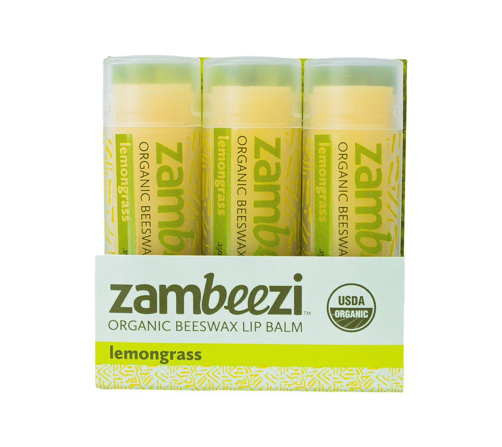 Zambeezi front packaging three-pack showing lemongrass scent and organic badge benefits